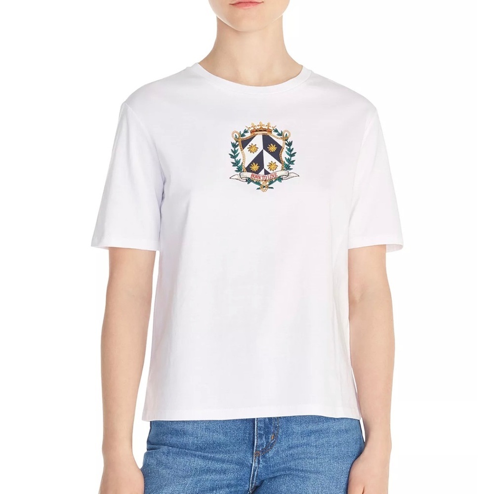 Sandro Born to Love Crest Embroidered Graphic Tee White Cotton Size 2